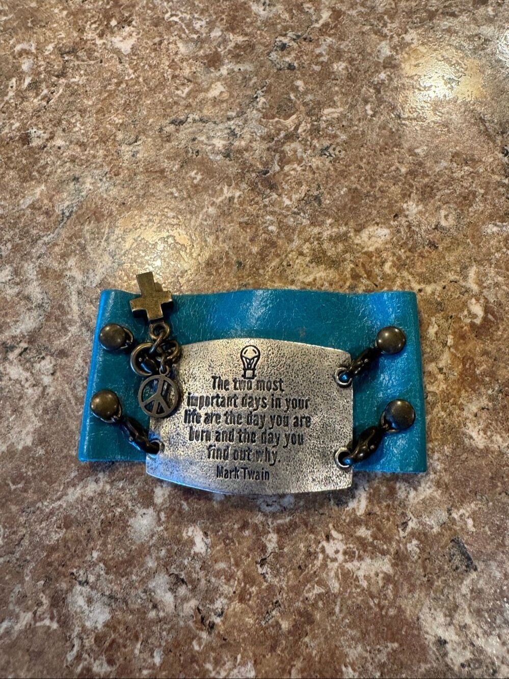 Turquoise Leather Cuff Bracelet Mark Twain Quote Peace Cross Charm Adjustable